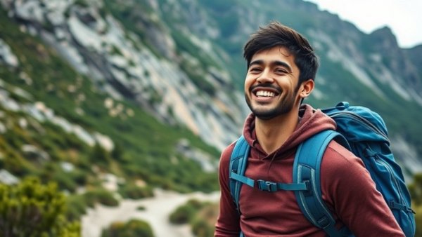 Outdoor enthusiast with essential backpacking gear, smiling on a mountain trail.