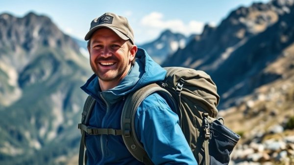 Outdoor enthusiast with essential backpacking gear in mountainous terrain.