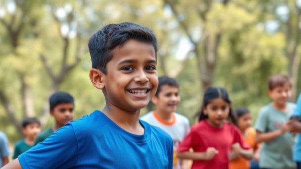 Optimistic young boy engaged in morning activity outdoors.