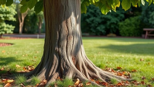 Perfectly pruned fig tree with clean trunk in a green garden.