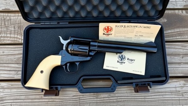 Ruger Blackhawk .30 Carbine revolver in case on wooden planks.