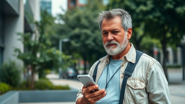 Casual man holding phone outdoors, AI in school concept.