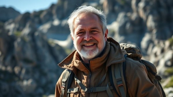 Man outdoors with mountain gear, showcasing tips for staying warm.