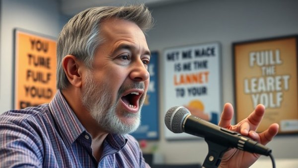 Man speaking into a microphone about being a boss vs being a leader.