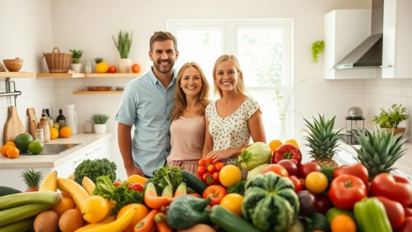 Smiling family with fruits and vegetables in a modern kitchen.