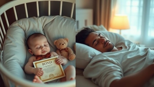 Baby with bond certificate and man sleeping, symbolizing 9% yield baby bond benefits.