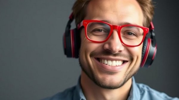 Smiling man in red glasses and headphones with gradient backdrop.