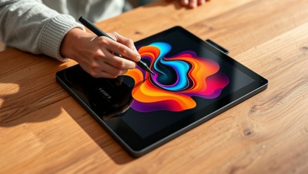 User interacting with Wacom MovinkPad 11 Drawing Tablet on a wooden table.