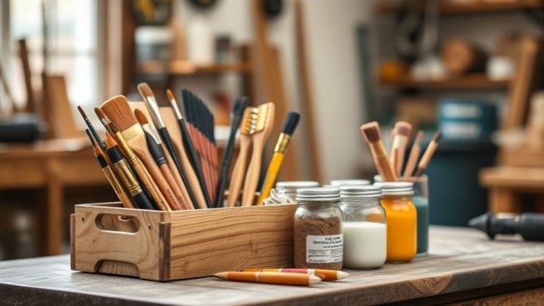 DIY tools organized in a wooden box on a workbench.