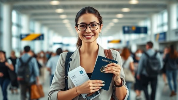 Confident woman in airport holding passport; packing tips for family travel.
