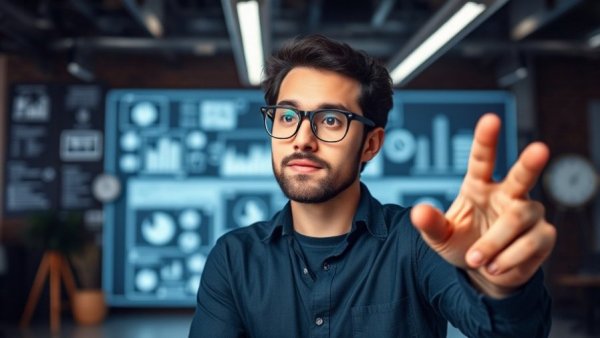 AI App Development Efficiency: Person analyzes digital symbols