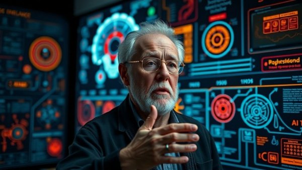 Elderly expert explaining AI evolution, educational video backdrop.