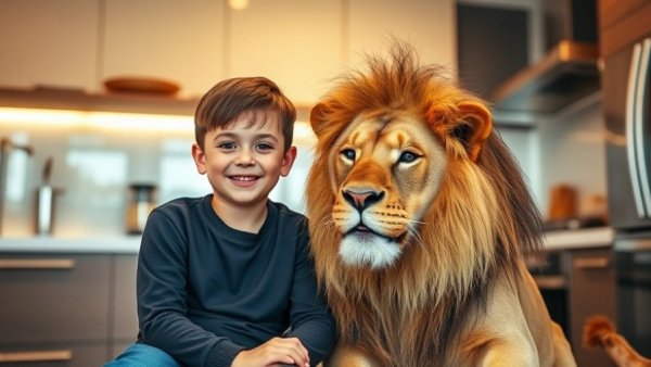 Young boy and lion in a kitchen, Learn Wild Animals Names & Facts.