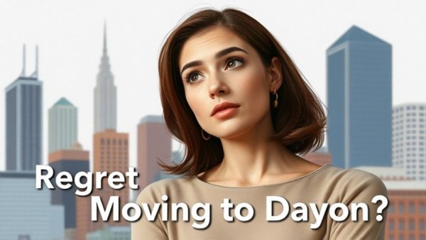 Contemplative woman before cartoon Dayton Ohio city skyline.