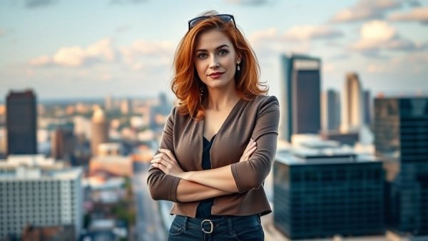 Confident woman in front of Dayton Ohio skyline, text overlay.