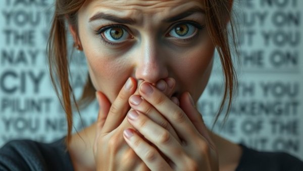 Concerned woman surprised, blurred text background with phrase.