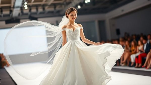 Bride modeling wedding dress on runway at fashion event for wedding planner.