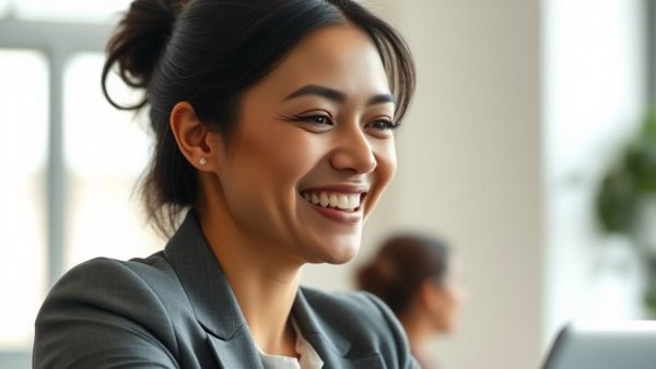 Professional woman speaking warmly indoors, wedding planner context.