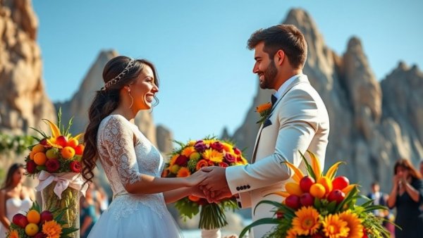 Outdoor wedding scene with vibrant decor and rocky backdrop.