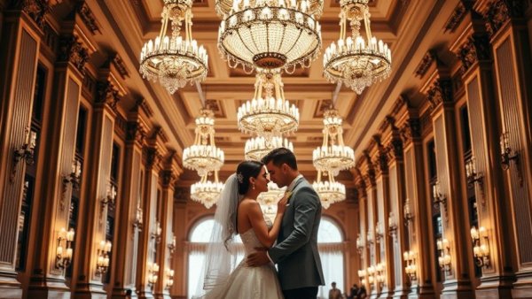Elegant wedding day moments in a luxurious ballroom setting.