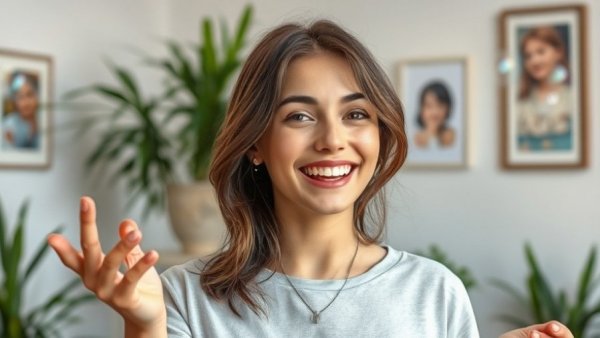 Young woman playfully interacting with bubbles indoors.