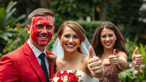 Humorous wedding tips with photobomb scene, outdoor garden.