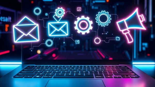 Futuristic digital marketing trends for 2026 display with neon tech elements.