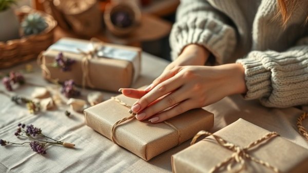 Hands wrapping eco-friendly gifts with natural materials.