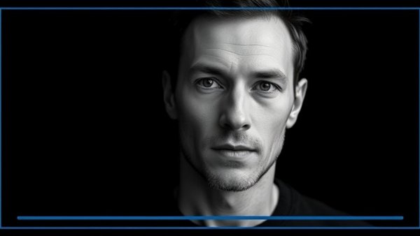 Black and white image of a man promoting habit formation science lecture.