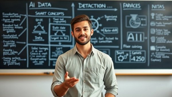 AI agents for data integration concept explained by a man in front of a digital blackboard.