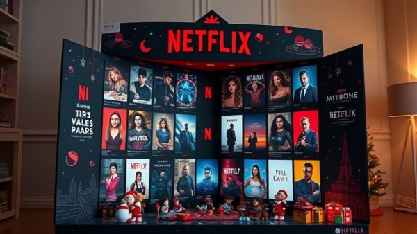 Netflix advent calendar showing TV show posters in vibrant colors.