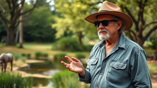 Casual man outdoors explaining gardening, with trees and pond background.