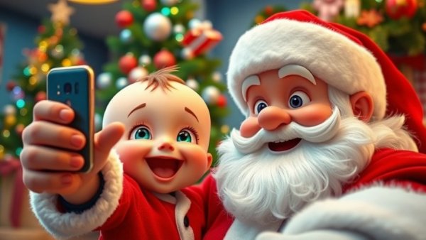 Cartoon baby taking selfie with Santa, Christmas decorations.