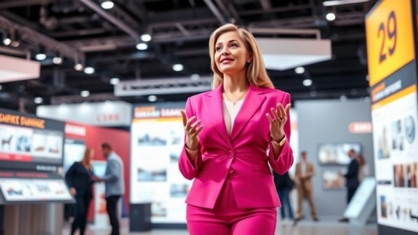 AI is transforming skills: Woman in pink suit presenting in modern exhibit.