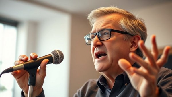 Energetic speaker discussing healthy food choices for longevity.