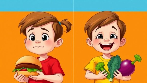 Kids learn about healthy food through contrasting choices in a cartoon.
