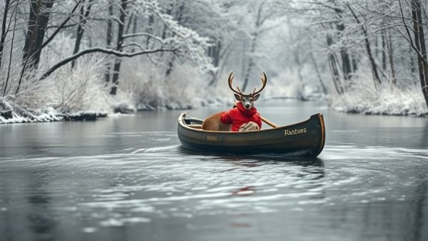 Float hunting for deer: Man paddling canoe with deer in snowy forest.