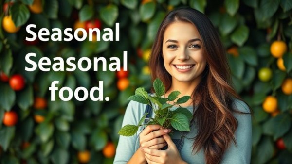 Seasonal food variety: woman holding plant with text.