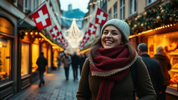 Adventurous woman exploring Christmas market in Zurich, festive atmosphere.