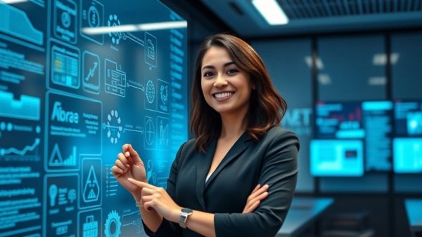 Confident woman explaining data integration, no code, low code, SDK.