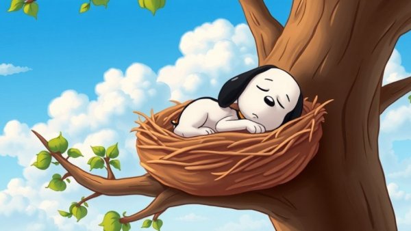 Cartoon Snoopy sleeping in a nest with clouds in background.