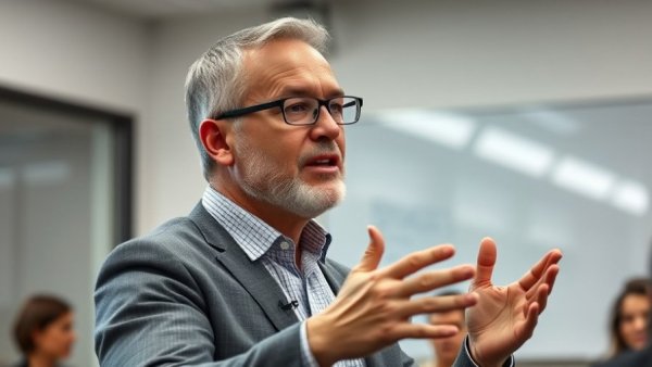 Middle-aged man presenting digital marketing strategies in office.