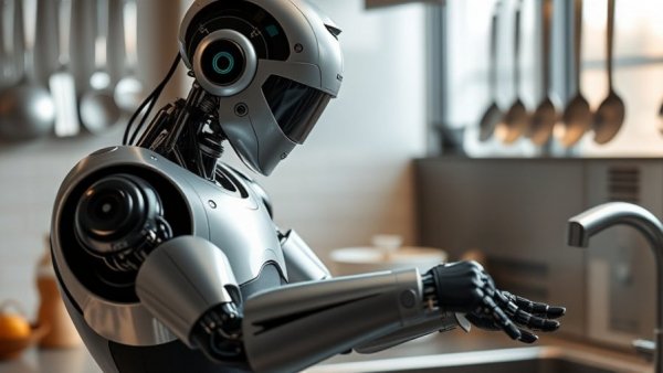 Futuristic robot cleaning in kitchen, Unitree humanoid robotics innovations.