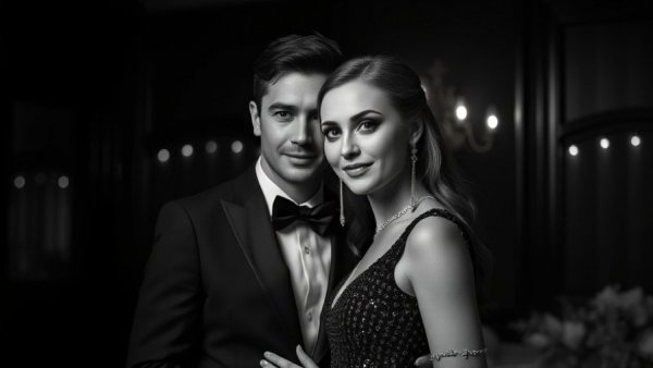 Elegant couple posing in formal attire for a classic portrait.