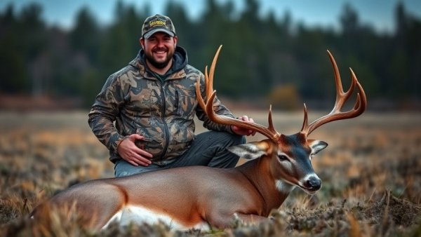 Pregnant hunter in field triumphantly posing with big buck.