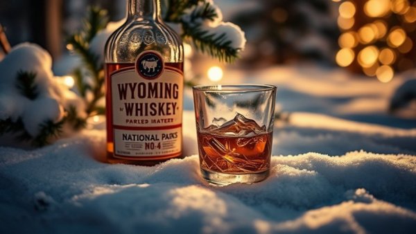 Wyoming Whiskey National Parks No. 4 bottle on snow at night.