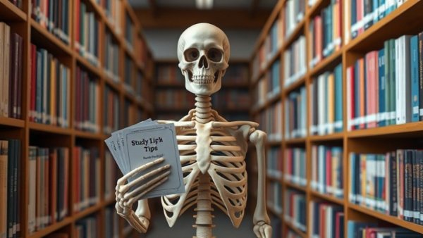 Skeleton model in library holding study tips, Finals Week Encouragement.