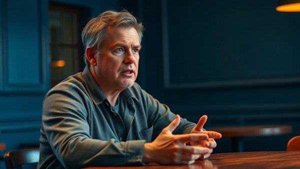 Middle-aged man speaking about exercise and physical training indoors.