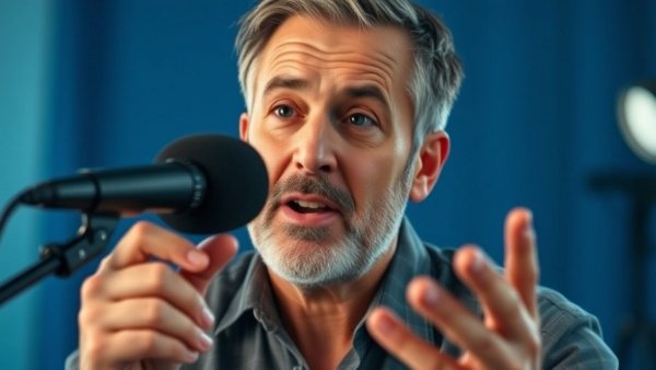 Middle-aged man podcasting with microphone in studio.