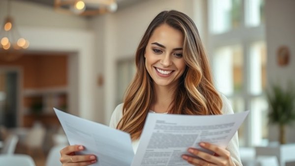 Woman discussing wedding venues in Ohio, smiling with contract icon.